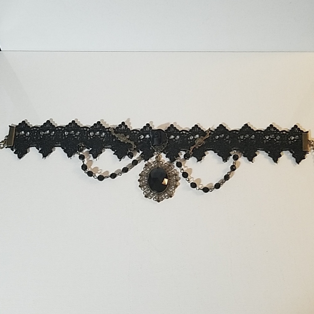 Black Beaded Satin Large Charm Choker 23"